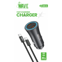 Wave WA-335B-20 Fast Car Charger Dual Type-C Port 40W With PD Cable (Black)
