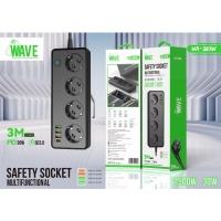 Wave Multifunctional Safety Power Socket With 3M Cord (30W / QC:3.0 ) (WA-283W) (Black) - KY