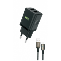 Wave WA-102-10 Travel Charger 2 x USB-A (10.5 Wat) With Type-C Cable 1M (Black) - LG