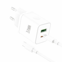 Wave WA-166-20 Travel Fast Charger USB-A & USB-C (20Wat) with USB-C to USB-C Cable 1M (wit)