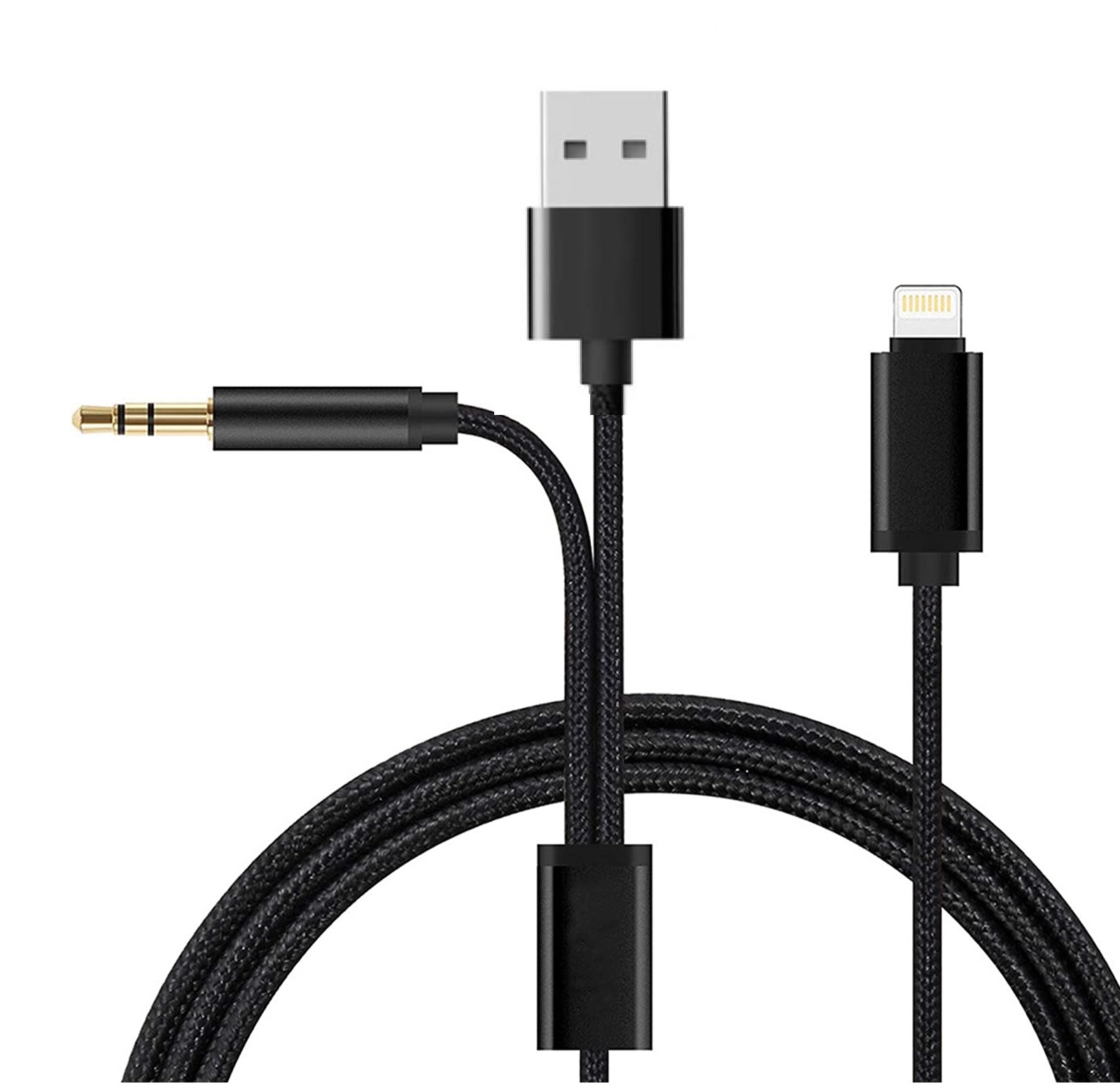 Cavo Puiseno 3 In 1 Lightning/USB-C/AUX 3.5mm – Certificato MFi, In Nylon Resistente, Per Auto E Stereo