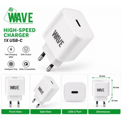 Foto van Wave WA-445W Snelle USB-C Lader 25W (wit) 1 stuks Bulk Adapter