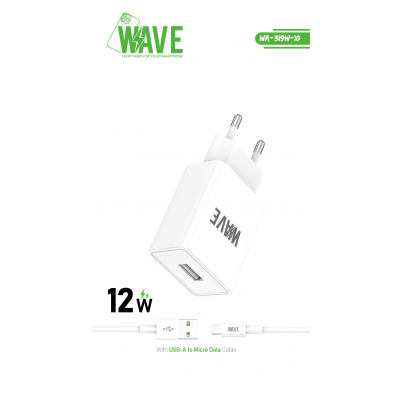 Travel Charger 12W USB-A Port With USB Micro Cable | Wave WA-319W-10 (White) Foto von Travel Charger 12W USB-A Port With USB Micro Cable | Wave WA-319W-10 (White)