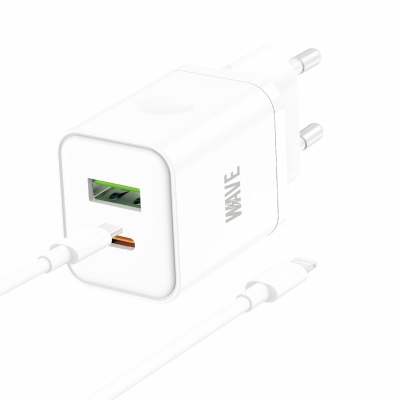 Photo of Wave WA-166-10 Travel Fast Charger USB-A & USB-C (20Wat) with USB-C to Lightning Cable 1M (White) -