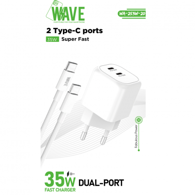 Wave WA-253-20 Quick Travel Charger 35W 2Port Type-C + C Cable (White)