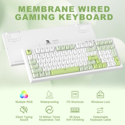 BT-09 PC Gaming Keyboard 2in1 Wireless and USB-C Wired, RGB Backlit (White Green) -GA