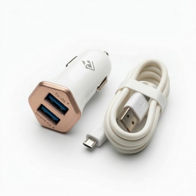 Foto van Car Charger Dual USB-A Port + Micro Cable (White)