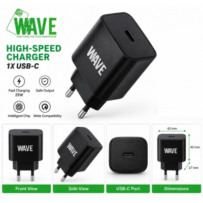 Foto van Wave WA-445B Snelle USB-C Lader 25W (Zwart) 1 stuks Bulk Adapter