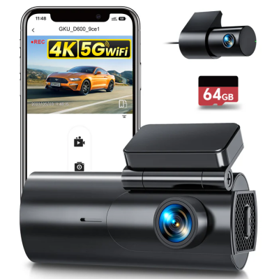 GKU|D600 4K Dashcam Front and Rear,WiFi,WDR,170° Wide Angle,G-Sensor, APP Control, Night Vision