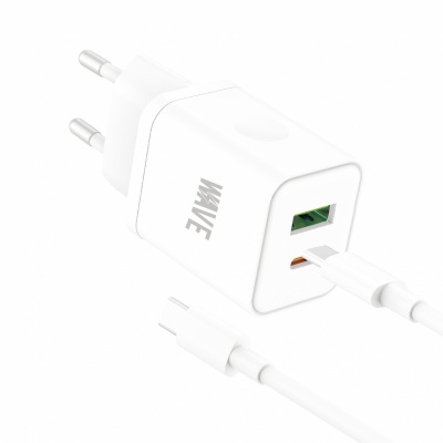 Photo of Wave WA-166-20 Travel Fast Charger USB-A & USB-C (20Wat) with USB-C to USB-C Cable 1M (White)