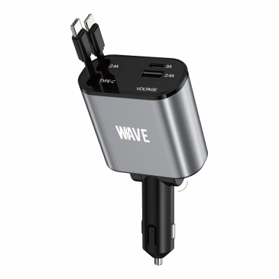Foto von Wave WA-329 Car Charger Dual Port 120W Met Type-C & Lightning Cable (Black)