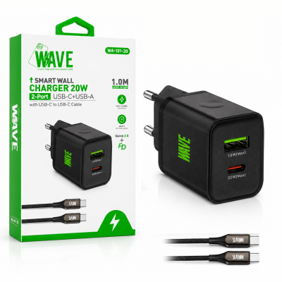 Photo of Wave WA-101-20 Travel Charger USB-C + QC USB (20 Wat) (Black)
