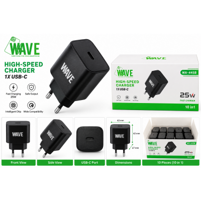 Foto van Wave WA-445B Snelle USB-C Lader 25W (zwart) 10 stuks Bulk Adapter
