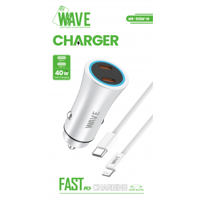 Wave WA-335W-10 Fast Car Charger Dual Type-C Port 40W With PD Cable (White) Foto von Wave WA-335W-10 Fast Car Charger Dual Type-C Port 40W With PD Cable (White)