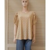 Afbeelding van New Feeling Paris - Dames Shirt - Khaki - Pofmouwtjes - Geborduurd Gaatjes Motief