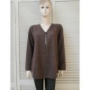 Afbeelding van Broektiek - Dames Stretch Shirt - Bruin - V-hals Met Glitter Rits