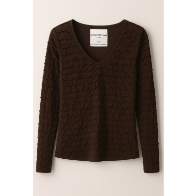 Foto van New Feeling Paris - Dames Shirt - Donkerbruin - V-hals - Lange Mouwen - Ruches Allover
