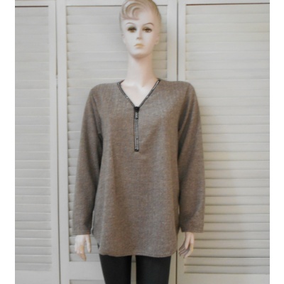 Foto van Broektiek - Dames Stretch Shirt - Taupe - V-hals Met Glitter Rits