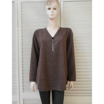 Foto van Broektiek - Dames Stretch Shirt - Bruin - V-hals Met Glitter Rits