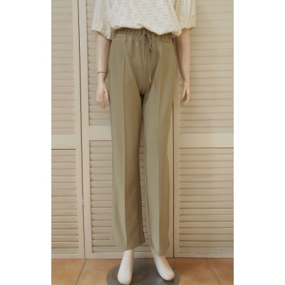 Foto van Annuo Fashion - Dames Wide Leg Stretch Pants / Broek - Khaki - Naad Voor