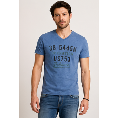 Foto van Ebouns Denim - V-hals T-shirt - Melee Blauw - Met Printtekst