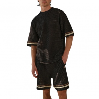 Foto van The Couture Club Heren T-shirt Zwart TCCM2909 Crochet Knitted Stripe