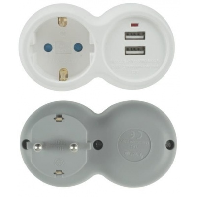 Stekkeradapter + 2x USB horizontaal wit/grijs