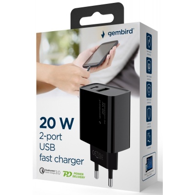 USB + USB-C snellader 20W zwart USB + USB-C snellader 20W zwart