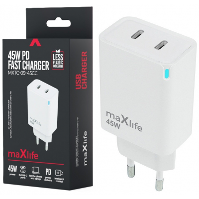 USB-C Snellader 45W Maxlife MXTC-09 met 2 Poorten USB-C Snellader 45W Maxlife MXTC-09 met 2 Poorten