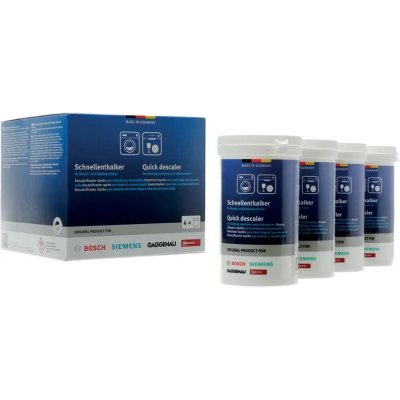 Bosch snelontkalker voor wasmachines en vaatwassers 4 x 250 gram Foto van Bosch snelontkalker voor wasmachines en vaatwassers 4 x 250 gram