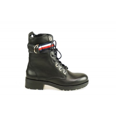 Foto van TOMMY HILFIGER DAMES KORTE LAARZEN ZWART CORPORATE RIBBON BIKERBOOT