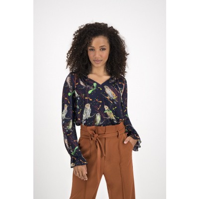 Foto van POM AMSTERDAM BLOUSE BLAUW IDYLLIC OWLS