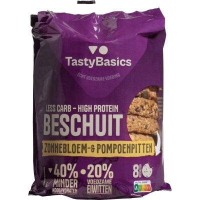 Tastybasics Less carb-high protein beschuit zonnebl/pompoenpit Tastybasics Less carb-high protein beschuit zonnebl/pompoenpit