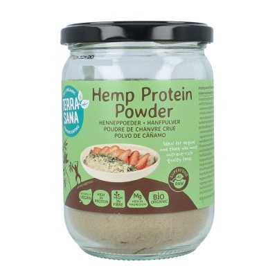 Terrasana Raw hennep protein poeder in glas