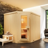 Foto van Azalp elementhoeksauna Classic 220x152 cm – vuren - 2de kans