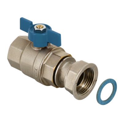 Foto van BONFIX messing draadfitting kogelkraan blauwe vlindergreep 1inch RRp