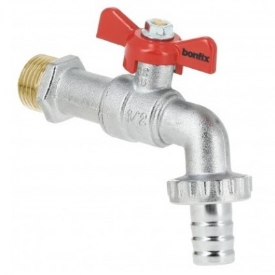 Photo of BONFIX brass ball valve with red butterfly handle and hose screw joint 3/4inch R