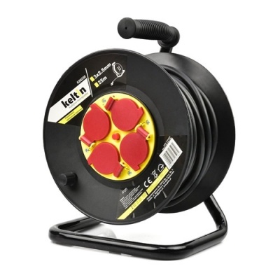 Foto van Kabelhaspel 25 m – 3x2,5 mm² – Thermische Beveiliging – 4 Stopcontacten - Keltin