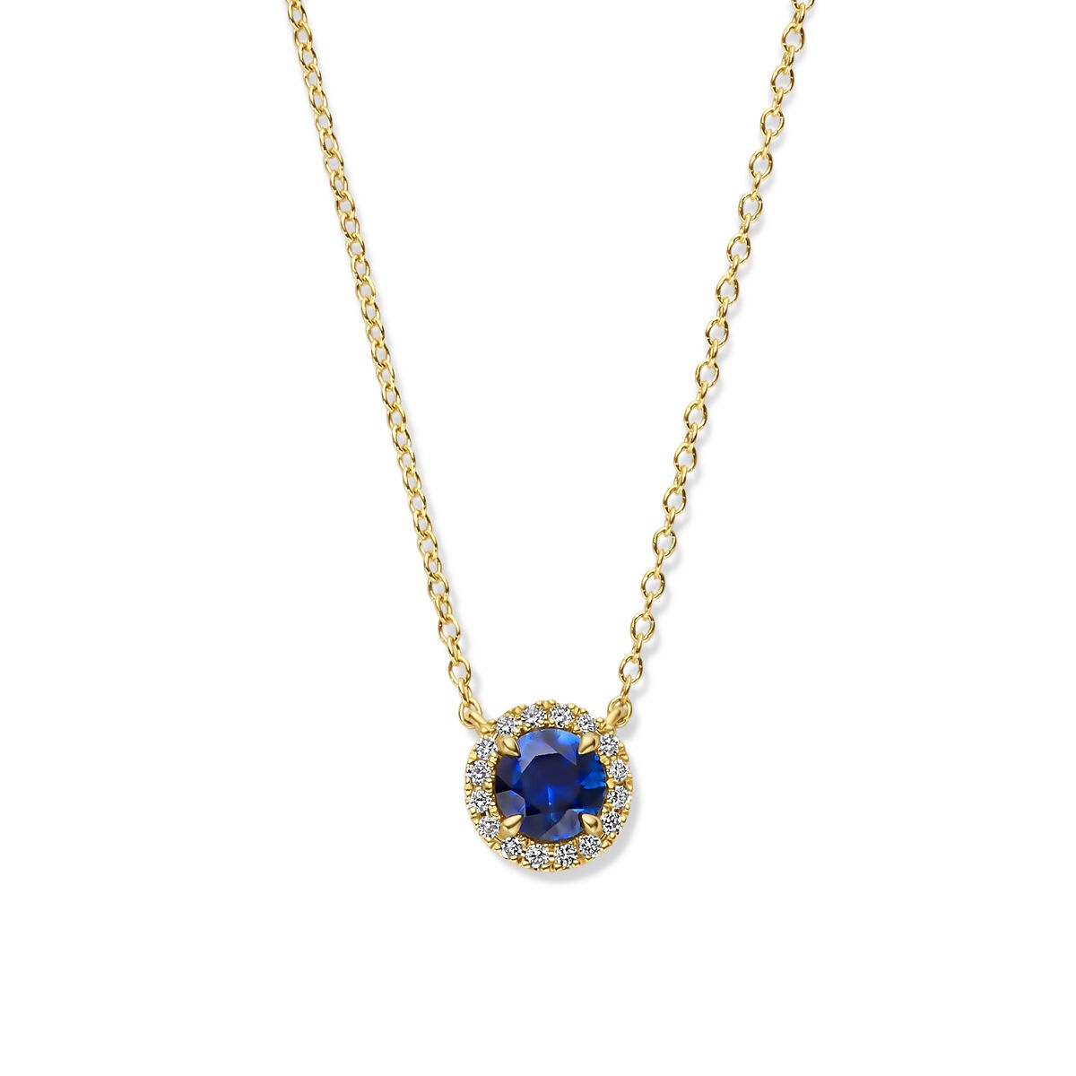 14 krt Geelgouden collier met blauw saffier en 0.05 krt diamant 4031837