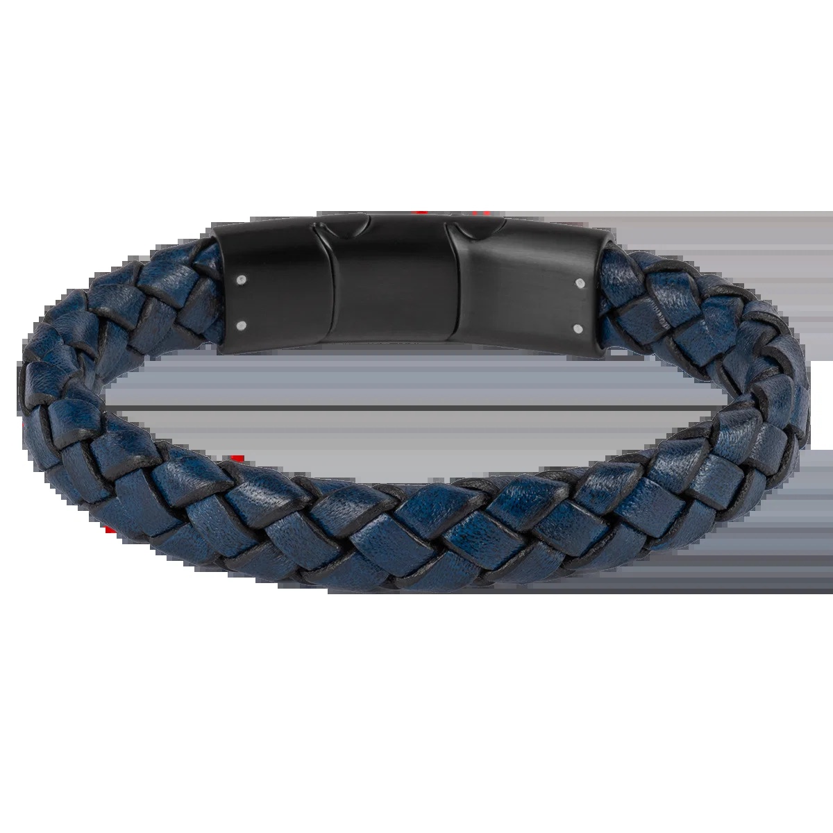 Blauwe gevlochten leren armband met zwart staal S-B133A