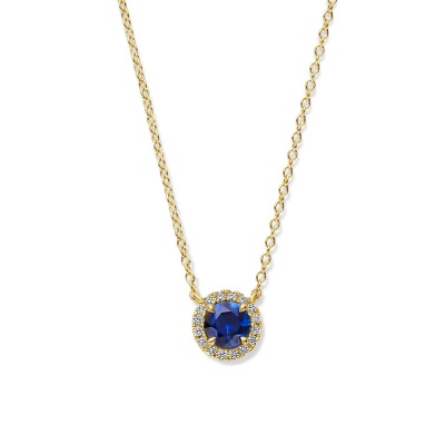 Foto van 14 krt Geelgouden collier met blauw saffier en 0.05 krt diamant 4031837