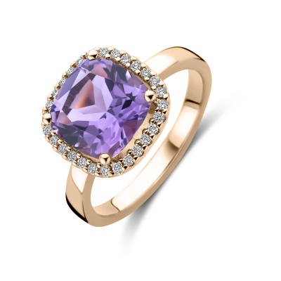 Foto van 14 krt roodgouden ring met amethist en diamant 4401606