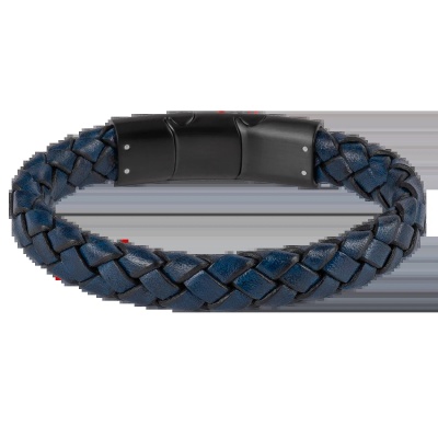 Foto van Blauwe gevlochten leren armband met zwart staal S-B133A