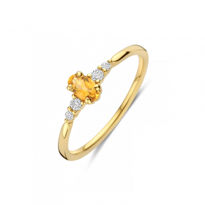 Foto van 14 krt geelgouden ring met citrien en diamant 0.07 crt 607068013