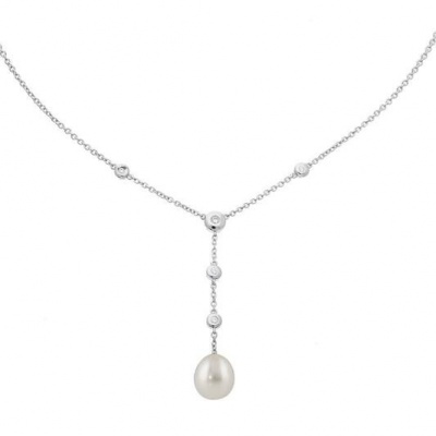 Foto van Zilveren collier met zirkonia en zoetwaterparel 102062543