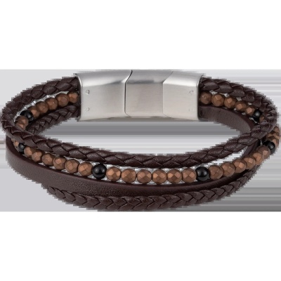 Foto van 4- delige bruine leren armband met onyx en hematiet kralen S-B116A