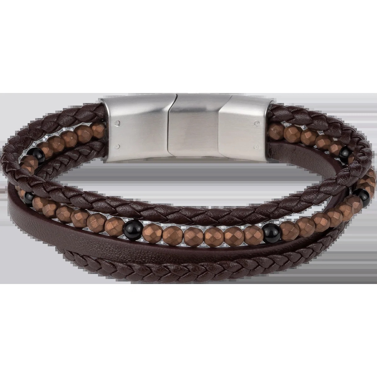 4- delige bruine leren armband met onyx en hematiet kralen S-B116A