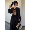 Afbeelding van FLORAL EMBROIDERED SLEEVES LINEN DRESS *IN BLACK OR TAUPE
