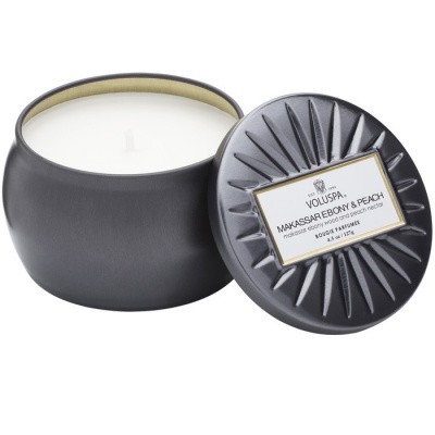 Voluspa Petite decorative Tin Candle Makassar Ebony and Peach Voluspa Petite decorative Tin Candle Makassar Ebony and Peach