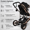 Afbeelding van KIDUKU 3-in-1 combi-kinderwagen zwart/goud met buggy, autostoeltje en regenhoes, inklapbaar